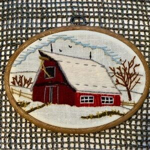 Vintage Rustic Farmhouse Crewel Embroidered Winter Barn Wall Art